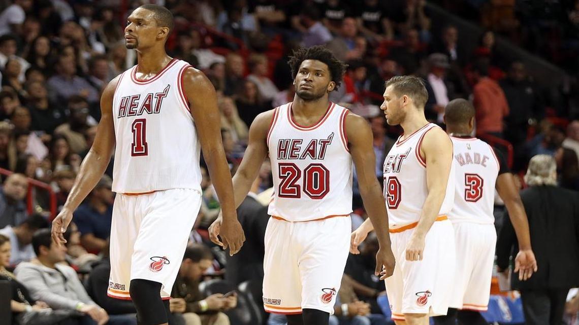 From left, Chris Bosh leads the Miami Heat in scoring, Justise Winslow has contributed solidly as a rookie, and Beno Udrih has been a dependable backup at point guard since being acquired from Memphis.