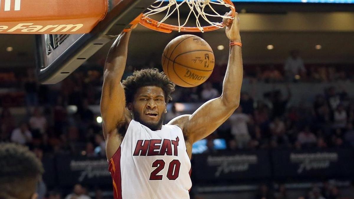 Justise Winslow of the Miami Heat dunks against the Philadelphia 76ers at AmericanAirlines Arena in Miami on Saturday, Nov. 21, 2015.