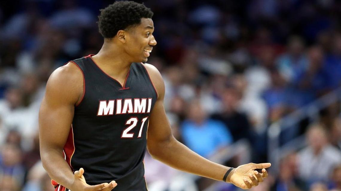 Miami Heat's Hassan Whiteside makes a plea to an official after he was called for goal tending against the Orlando Magic during the first half of an NBA basketball game, Wed., Oct. 26, 2016, in Orlando, Fla.