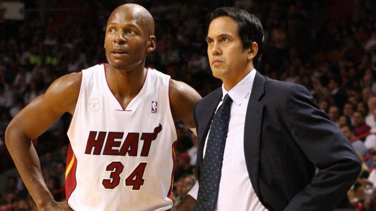 Miami Heat guard Ray Allen talks to coach Erik Spoelstra in the second quarter during a game against the Phoenix Suns at AmericanAirlines Arena on Monday, November 5, 2012.