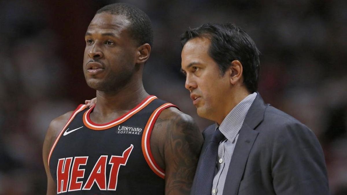 Miami Heat guard Dion Waiters, shown with coach Erik Spoelstra in a game last season, has concluded his 10-game team suspension.