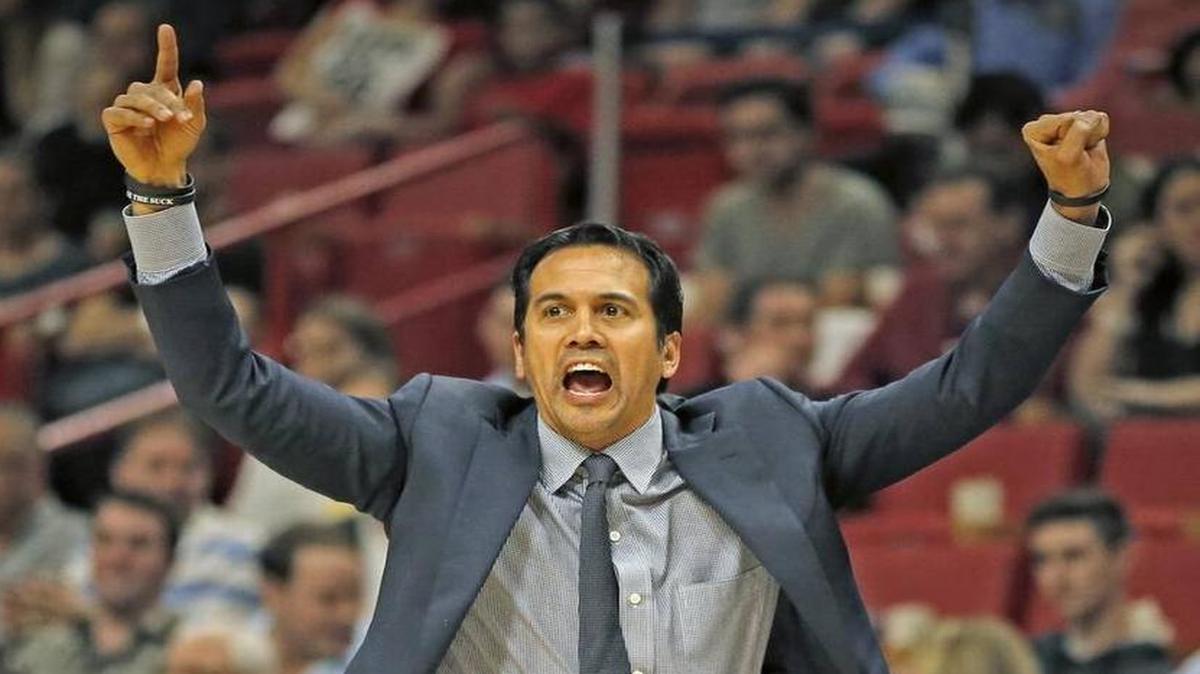 Miami Heat head coach Erik Spoelstra gestures as the Miami Heat host the Los Angeles Clippers at the AmericanAirlines Arena on Friday, Dec. 16, 2016.