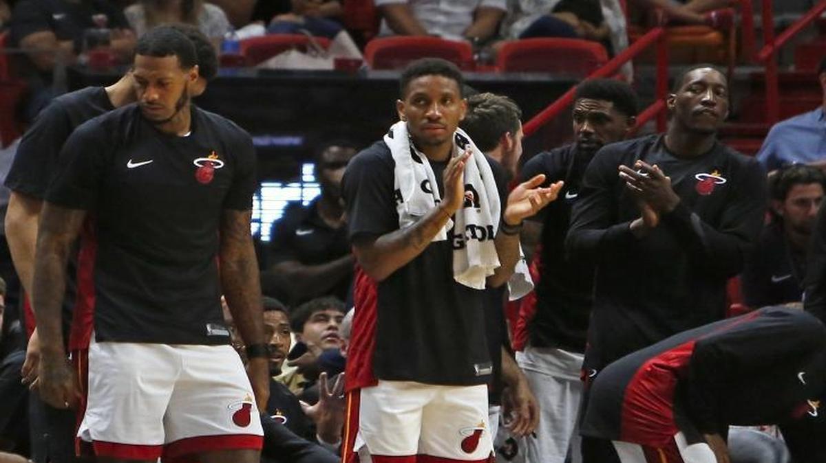 Miami Heat guard Rodney McGruder and the rest of the bench shows support to teammates during the second quarter of an NBA preseason basketball game against the Atlanta Hawks at the AmericanAirlines Arena in Miami on Sunday, October 1, 2017.