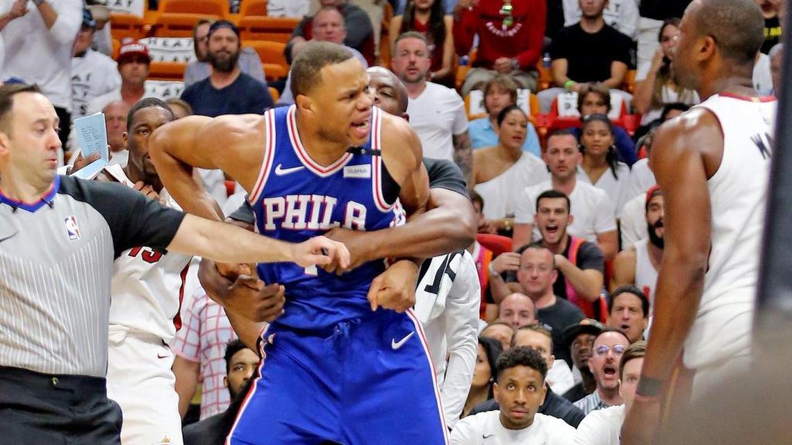 The Miami Heat's Dwyane Wade stares down the Philadelphia 76ers' Justin Anderson after an incident between the two players in the second quarter of Game 3 of their playoff series on Thursday.