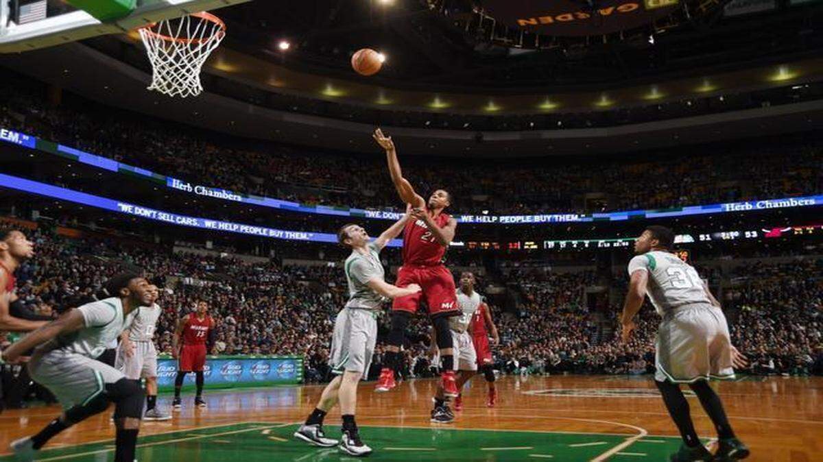 
Miami Heat center Hassan Whiteside (21) shoots against the Boston Celtics during the game at TD Garden in Boston on Feb. 1, 2015.
