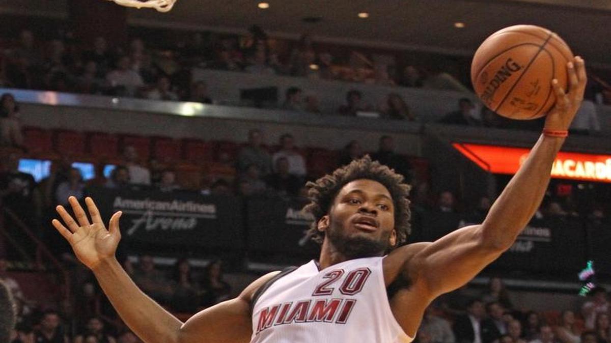 Justise Winslow, of the Miami Heat get a rebound in the first quarter during the game Miami Heat vs Oklahoma City Thunder on Thursday, December 3, 2015 at the AmericanAirlines Arena.