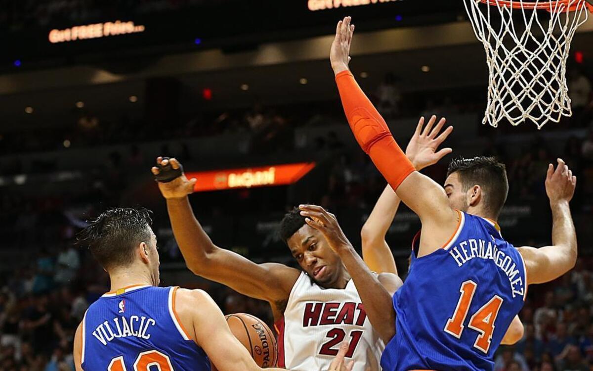 Heat center Hassan Whiteside loses the ball as he goes to the basket against the Knicks' during Friday night’s loss. The loss prevented the Heat from reaching .500.
