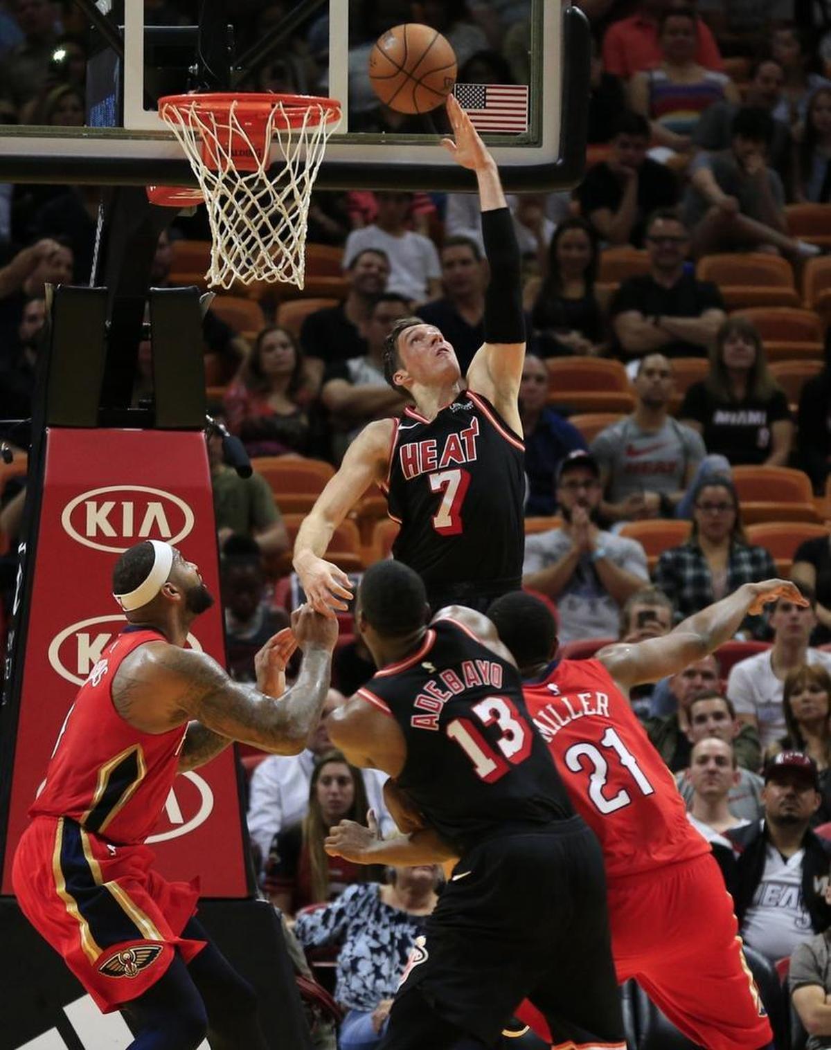 Miami Heat guard Goran Dragic scores in the fourth quarter as the Miami Heat host the New Orleans Pelicans on Saturday, December 23, 2017