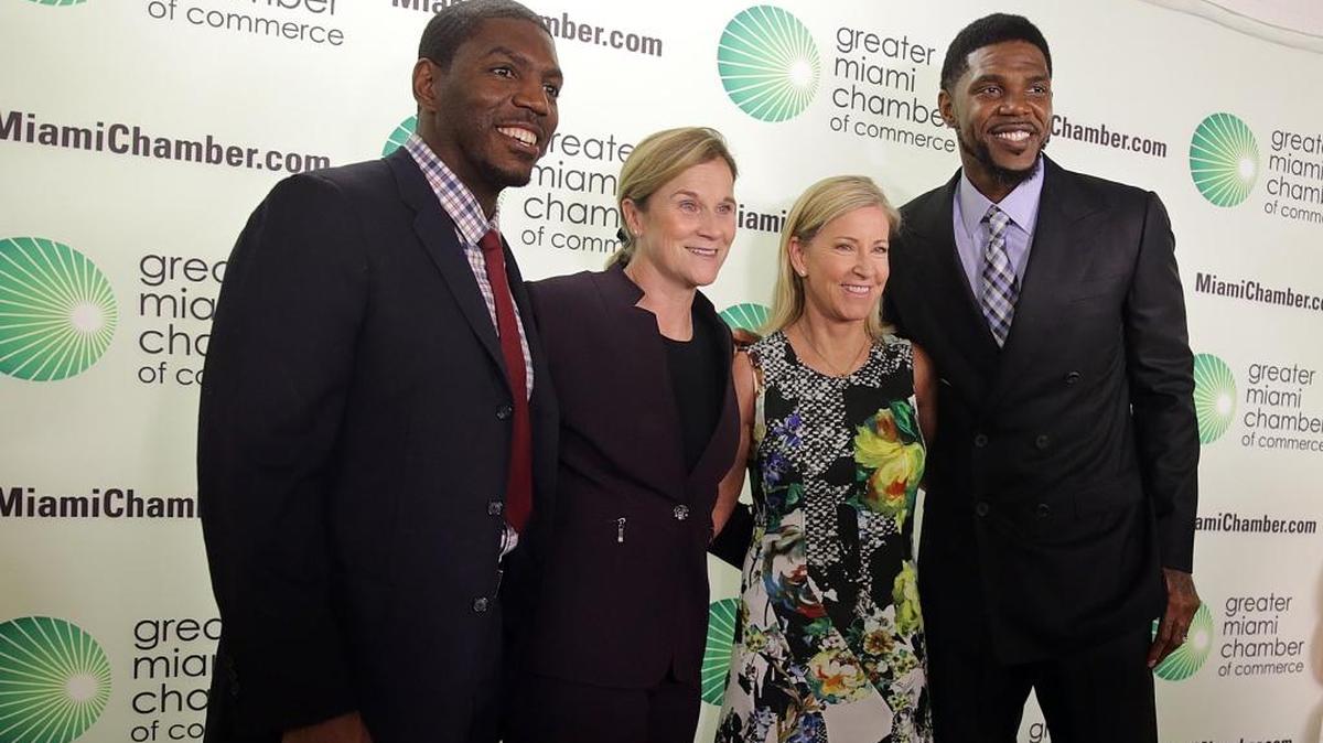 From left, former UM linebacker Jonathan Vilma, U.S. women’s soccer coach Jill Ellis, tennis legend Chris Evert and Miami Heat standout Udonis Haslem pose during the Greater Miami Chamber of Commerce's Sports Hall of Champions induction ceremony at Marlins Park on Tuesday.
