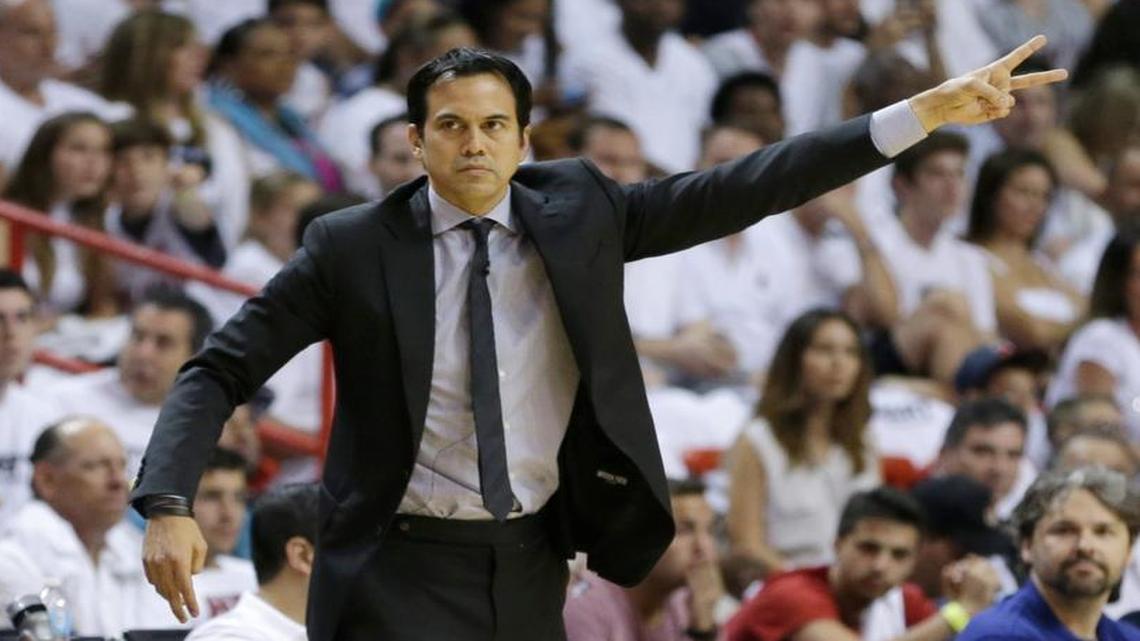 Miami Heat head coach Erik Spoelstra, above, and Raptors coach Dwane Casey are the longest-tenured coaches in the Eastern Conference with the firing of Indiana’s Frank Vogel Thursday.
