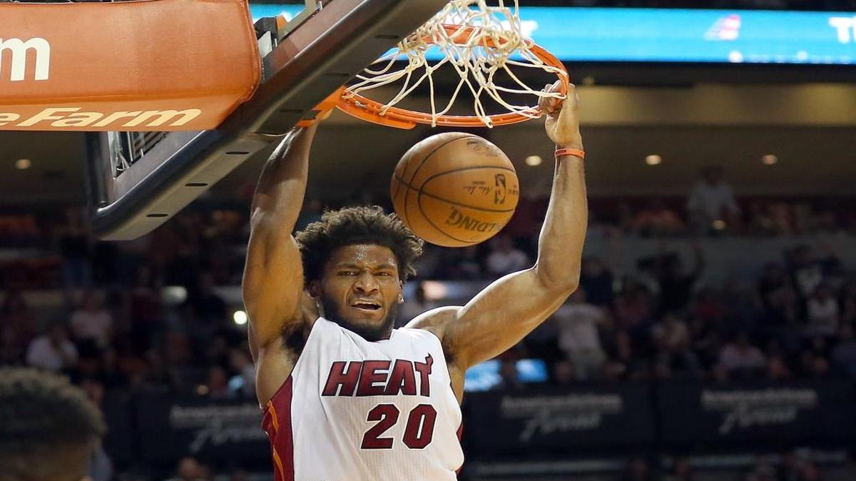 Justise Winslow dunks in a game against the Philadelphia 76ers at AmericanAirlines Arena in Miami on Saturday, November 21, 2015.