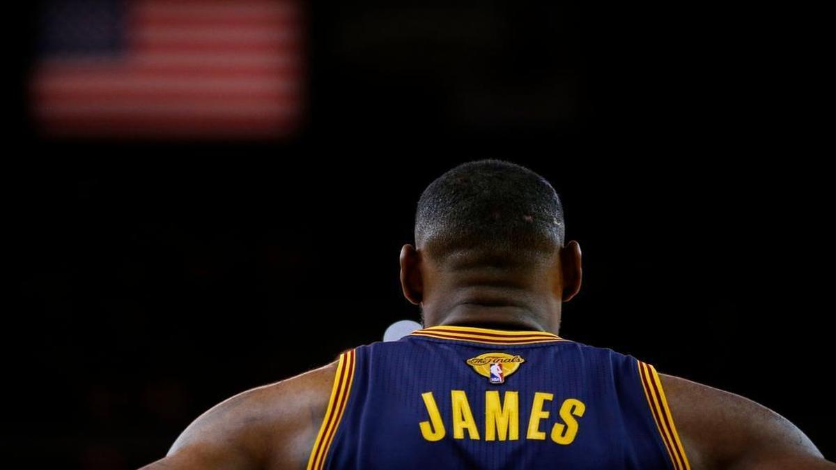 
LeBron James looks on against the Golden State Warriors in the second half during Game Five of the 2015 NBA Finals.
