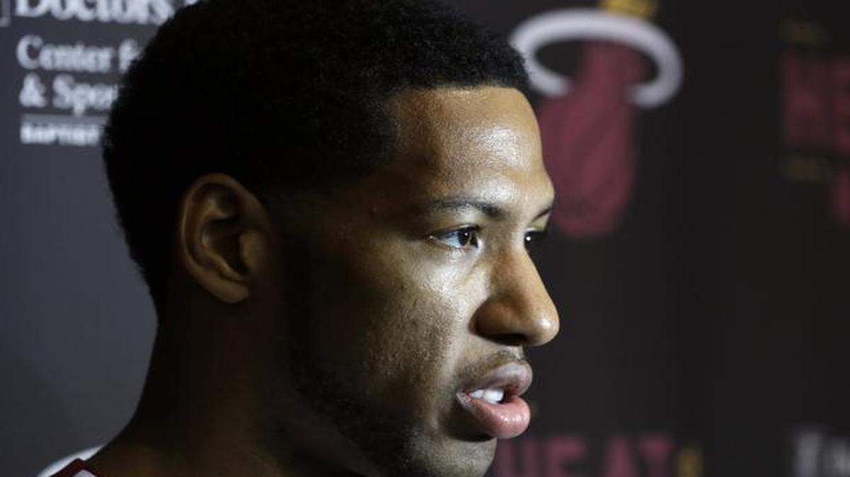 
Danny Granger is interviewed during Miami Heat Media Day on Friday, Sept. 26, 2014, in Miami. 
