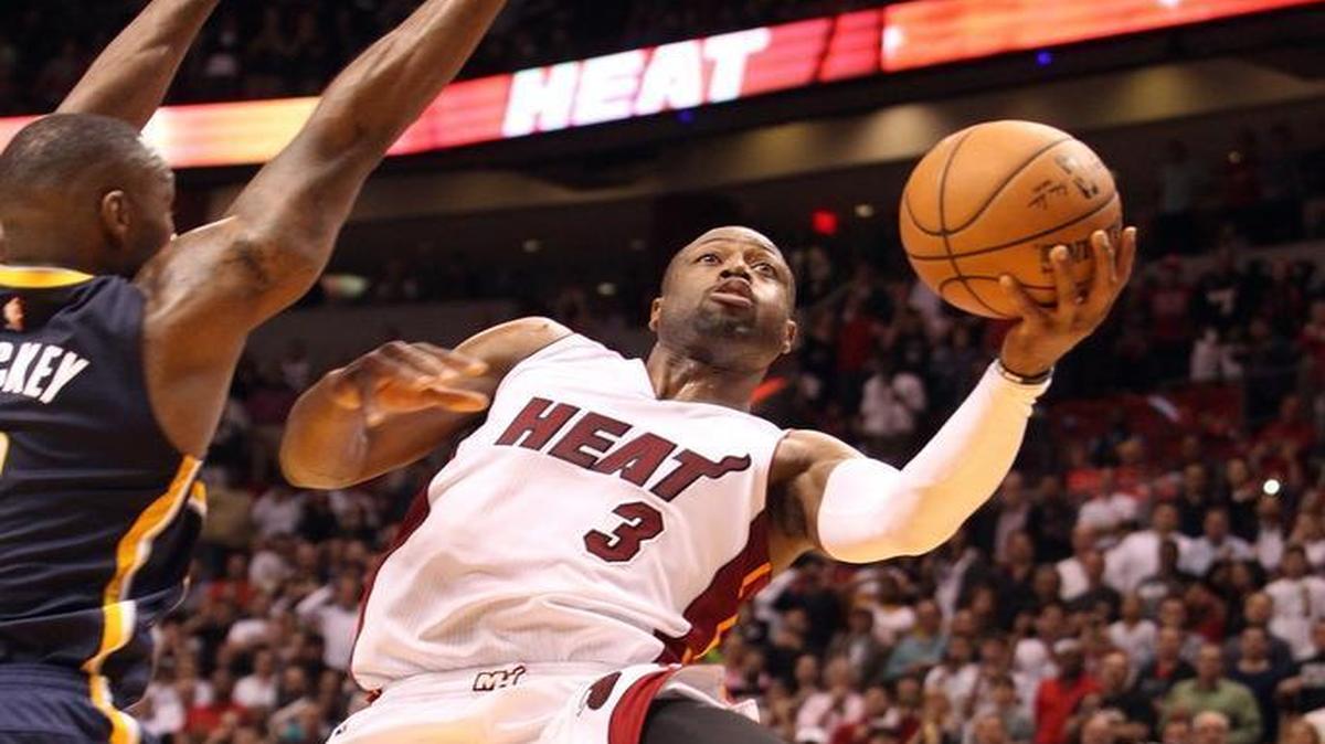 Dwyane Wade ties the game at the end of the fourth quarter to force overtime during the Miami Heat’s game against the Indiana Pacers on Monday, January 4, 2016 at AmericanAirlines Arena.