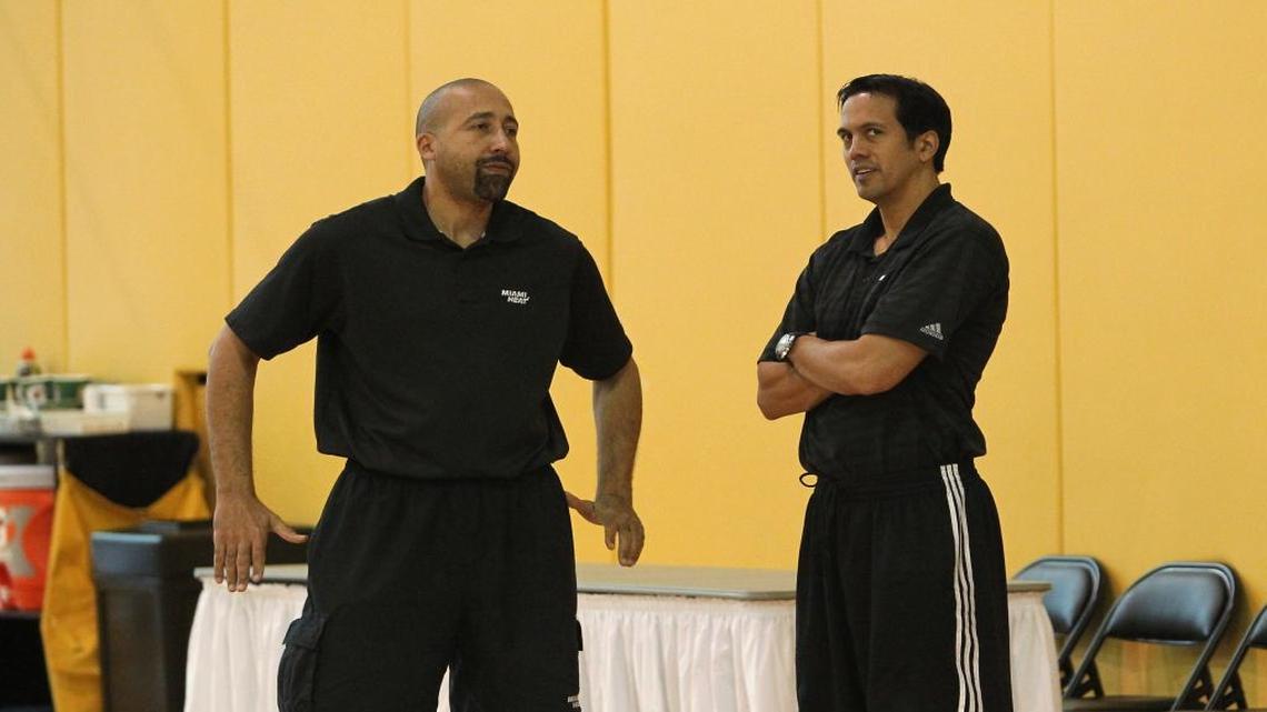 From left, Miami Heat Miami Heat assistant coach David Fizdale talks with head coach Erik Spoelstra during practice on Thursday, May 22, 2014, at AmericanAirlines Arena.