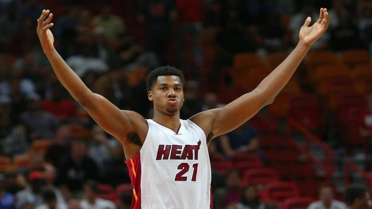 Miami Heat center Hassan Whiteside reacts after a play during the fourth quarter of an NBA basketball game against the New Orleans Pelicans at AmericanAirlines Arena in Miami on Wed., March 15, 2017.