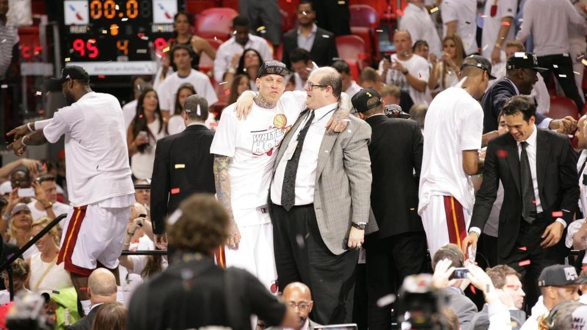 Miami Heat general manager Andy Elisburg with former Heat player Chris Anderson, also known as Birdman.