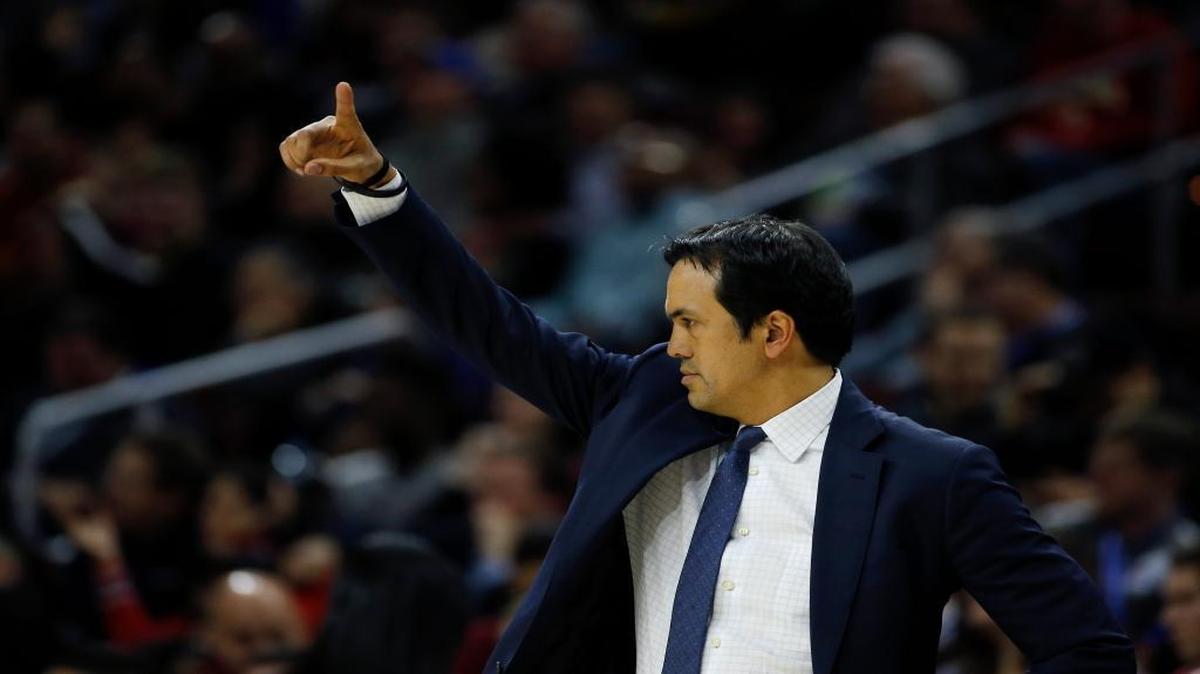 Miami Heat head coach Erik Spoelstra directs his team during the first half of an NBA basketball game against the Philadelphia 76ers on March 4, 2016, in Philadelphia.