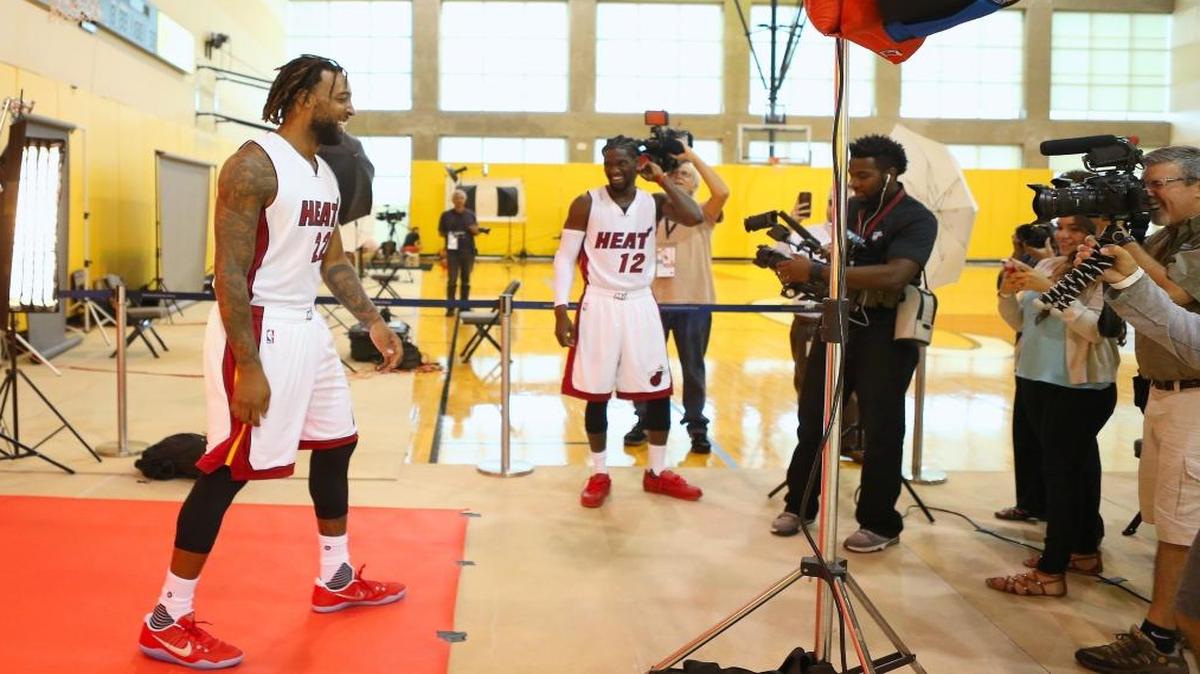 Heat forward Derrick Williams, left, joking around with teammate Briante Weber during Media Day on Monday, believes he might have finally landed in the right place. ‘I really feel like this might be my time,’ said the former University of Arizona star.