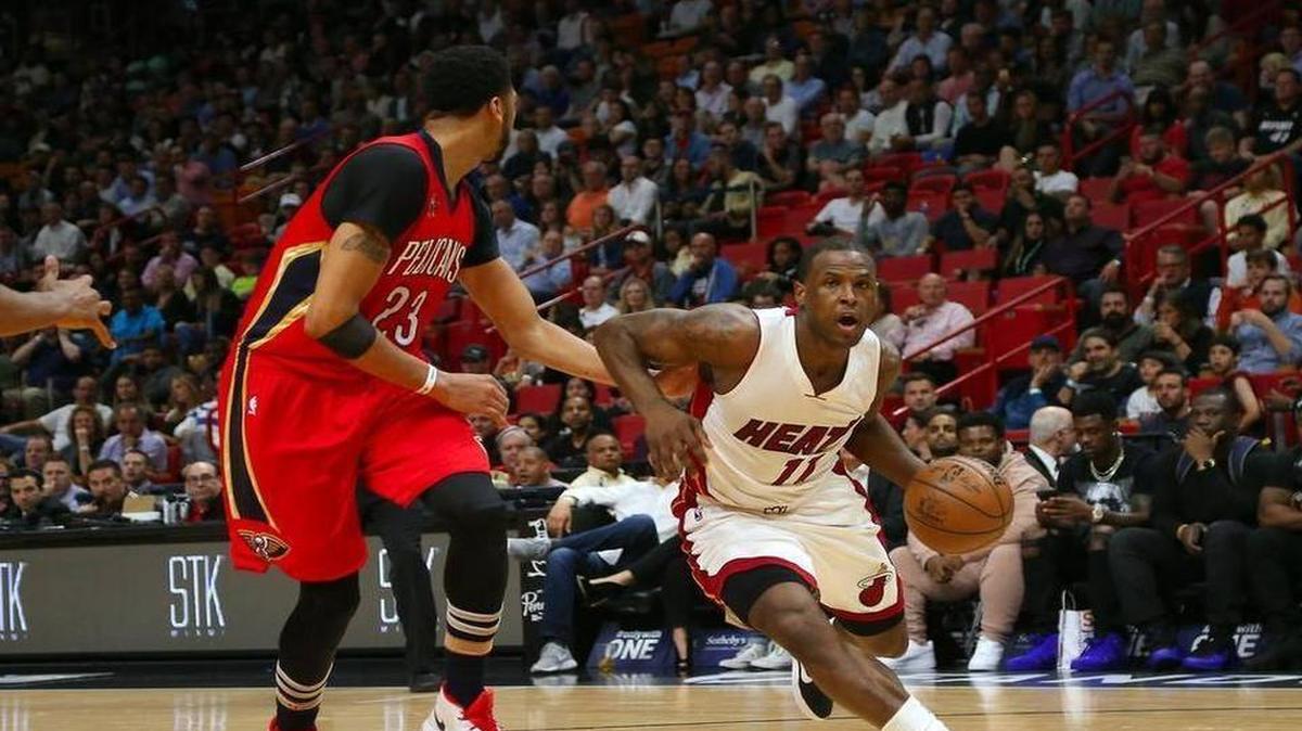Miami Heat guard Dion Waiters drives against New Orleans Pelicans forward Anthony Davis during the second quarter of an NBA basketball game at AmericanAirlines Arena in Miami on Wed., March 15, 2017.