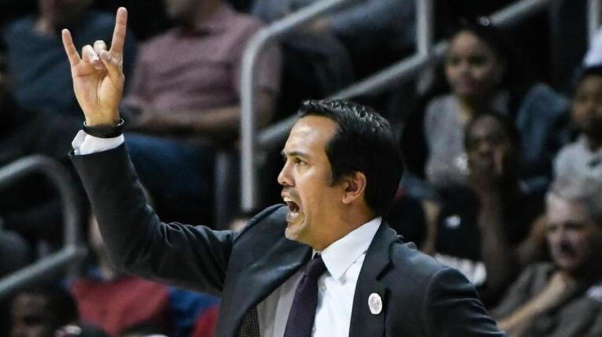 Miami Heat coach Erik Spoelstra shouts instructions during the second half of the team’s NBA basketball game against the Atlanta Hawks on Wednesday, April 4, 2018, in Atlanta. Miami won 115-86.
