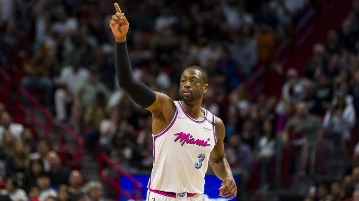 Miami Heat guard Dwyane Wade (3) reacts after scoring in the third quarter as the Miami Heat host the Washington Wizard at the AmericanAirlines Arena on Saturday, March 10, 2018.