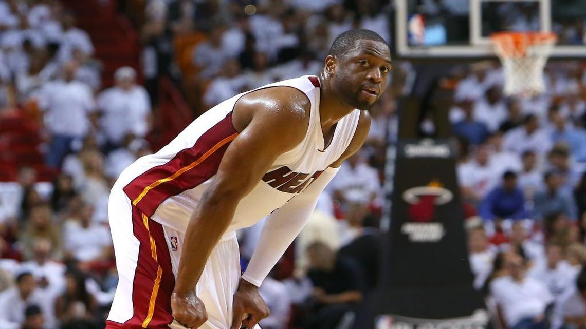 Miami Heat guard Dwyane Wade looks on during the second quarter of Game 6 of the NBA Eastern Conference semifinal series against the Toronto Raptors at AmericanAirlines Arena in Miami on Friday, May 13, 2016.