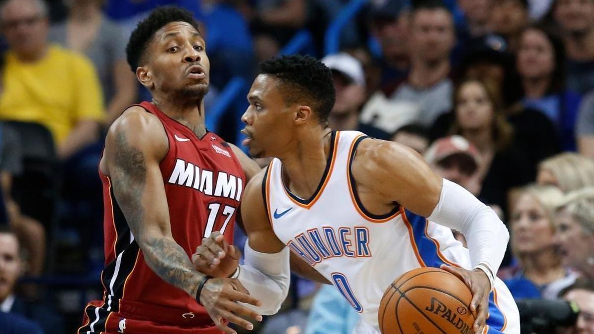 Oklahoma City Thunder guard Russell Westbrook (0) drives against Miami Heat guard Rodney McGruder (17) during the first half of Friday’s game.