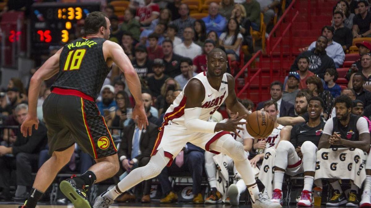 Miami Heat shooting guard Dwyane Wade (3) during the third quarter of an NBA basketball game against the Atlanta Hawks at AmericanAirlines Arena in Miami on April 3, 2018.