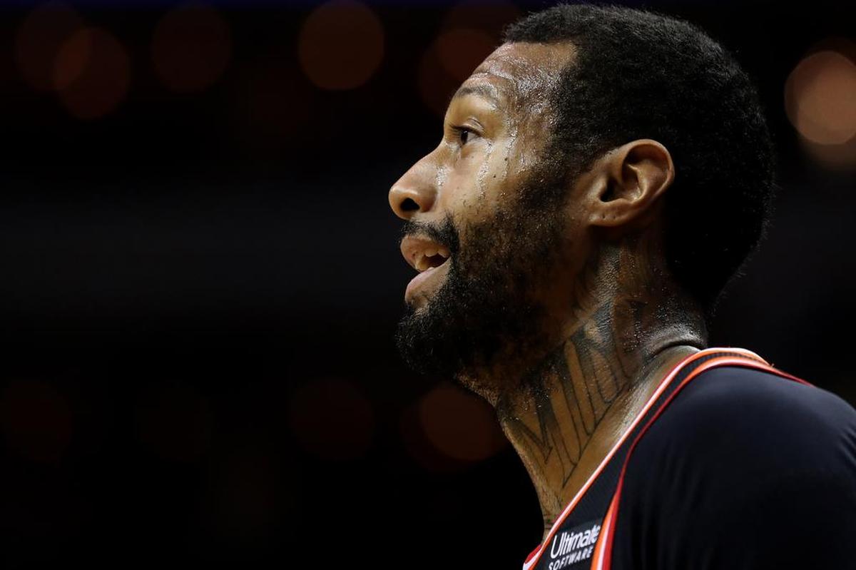 James Johnson of the Miami Heat looks on against the Washington Wizards in the first half at Capital One Arena on November 17, 2017 in Washington, DC.