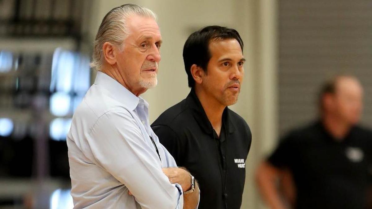 Miami Heat president Pat Riley and Miami Heat head coach Erik Spoelstra at Miami Heat training camp at FAU in Boca Raton, Florida on September 26, 2017.