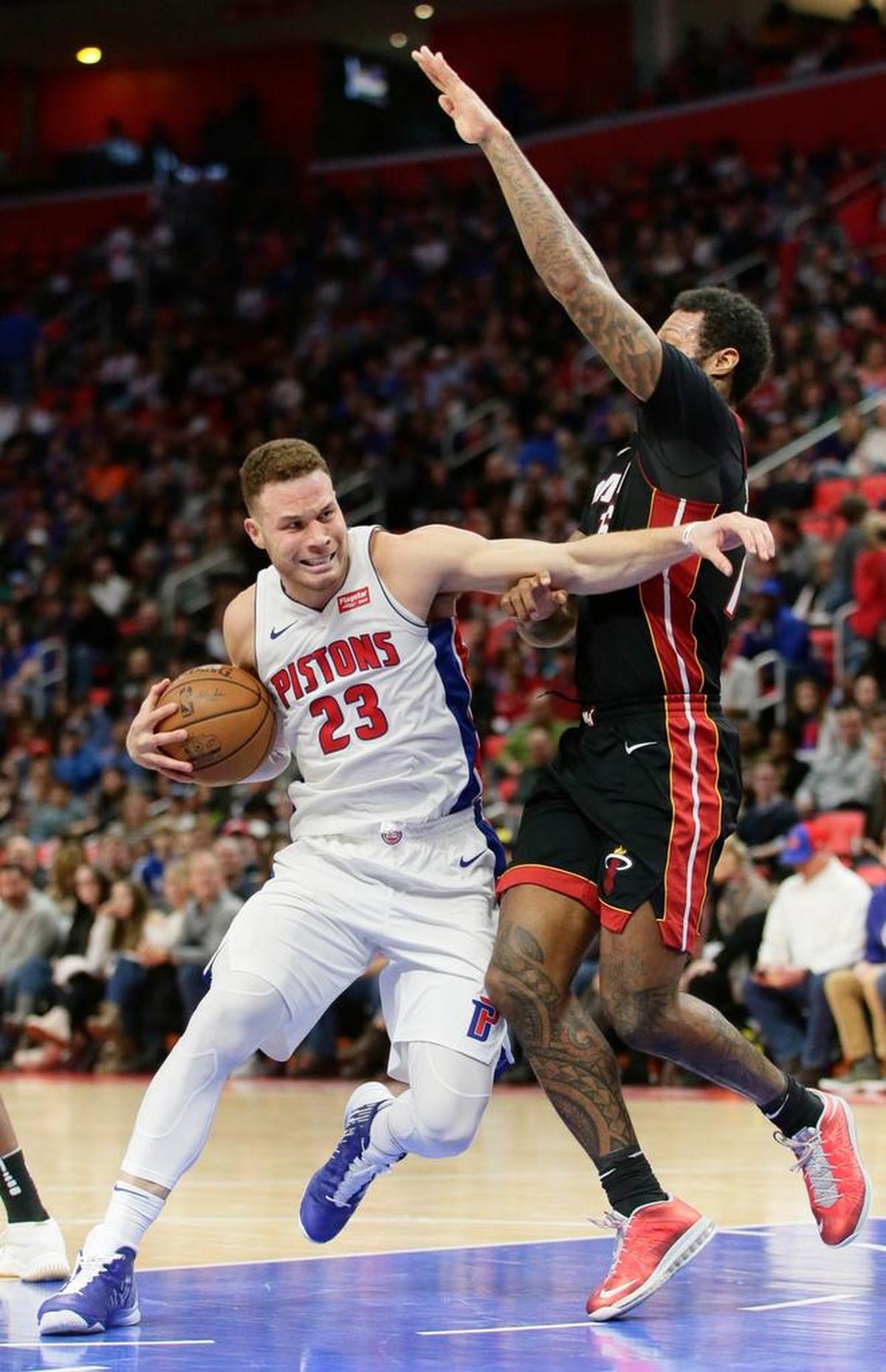 Detroit Pistons forward Blake Griffin (23) drives to the basket against Miami Heat forward James Johnson during the first half of an NBA basketball game Saturday, Feb. 3, 2018, in Detroit.