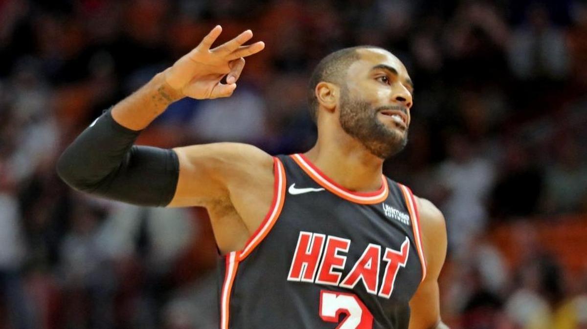 Miami Heat Wayne Ellington celebrates after a three-pointer in the first quarter as they play the Portland Trail Blazers at the AmericanAirlines Arena in Miami, Florida, December 13, 2017.