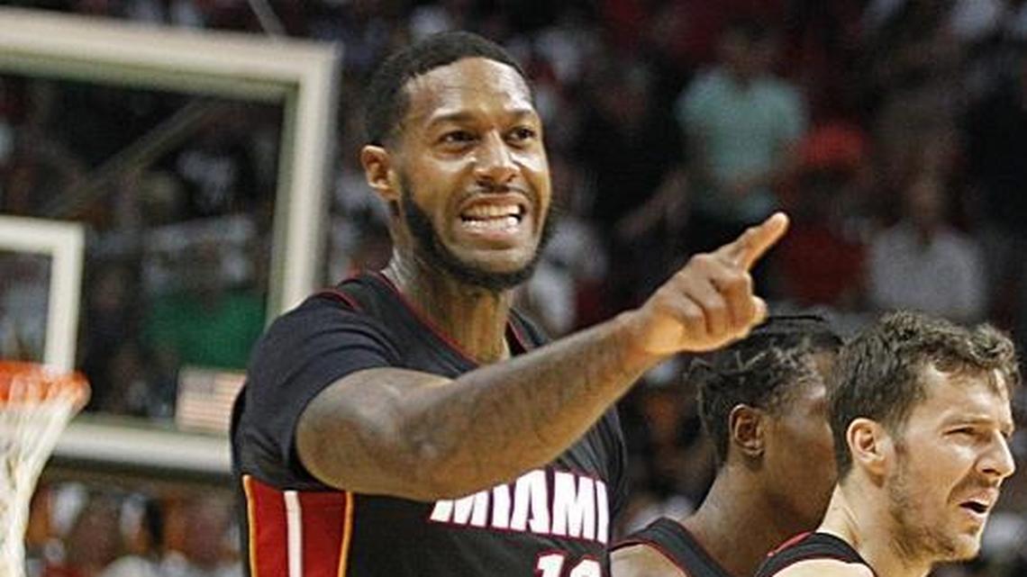 Miami Heat forward James Johnson reacts after dunking against the Pacers in the first quarter of the Miami Heat vs Indiana Pacers, NBA game at AmericanAirlines Arena in Miami on Saturday, October 21, 2017.