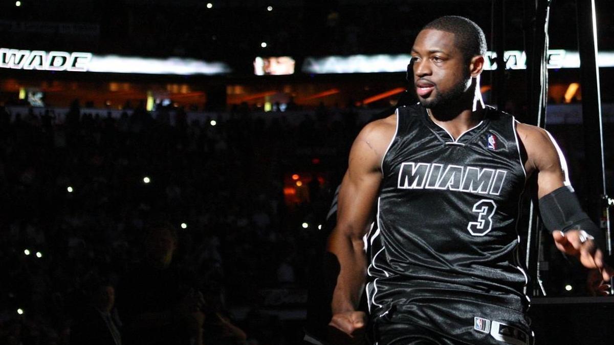 Dwyane Wade reacts during the introduction ceremony of the Miami Heat’s game against the New York Knicks at AmericanAirlines Arena in Miami on Thursday, February 23, 2012.
