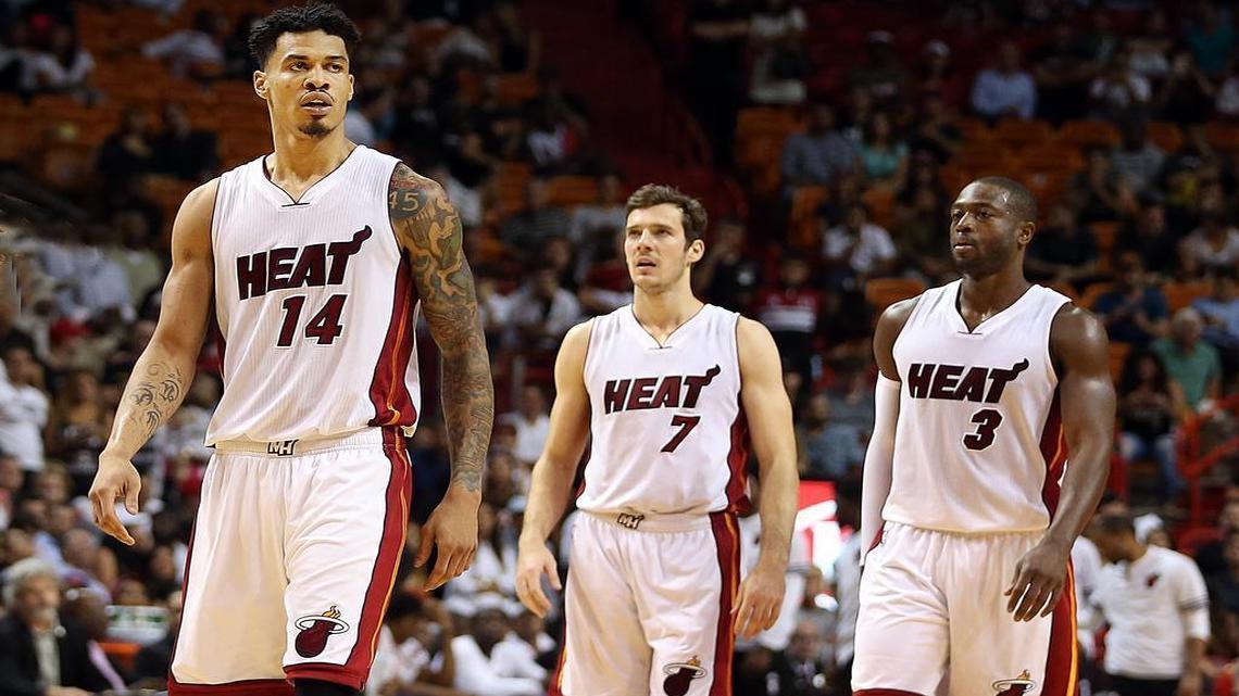 Miami Heat Gerald green, Goran Dragic and Dwyane Wade, during the fourth quarter of the Miami Heat vs Washington Wizards, NBA preseason game #7, at AmericanAirlines Arena in Miami on Wednesday, October 21, 2015.