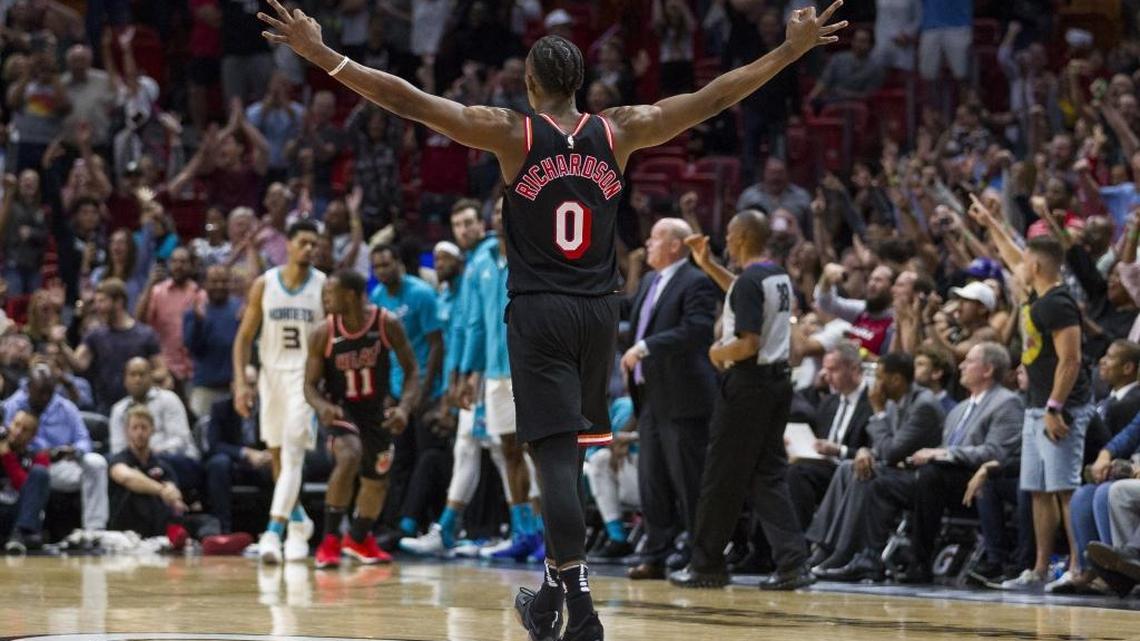Miami Heat guard Josh Richardson (0) reacts after the Heat scored in the fourth quarter as they host the Charlotte Hornets at the AmericanAirlines Arena on Friday. Richardson scored a career high 27 points.