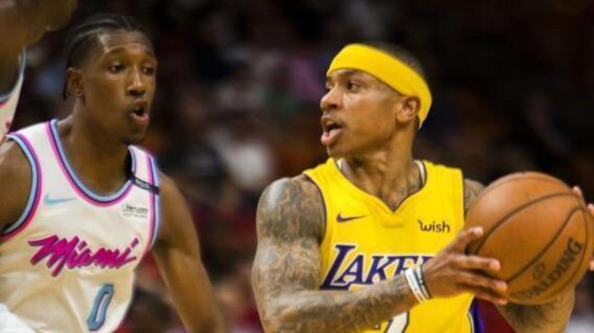 Los Angeles Lakers point guard Isaiah Thomas drives to the rim during the second quarter of an NBA basketball game against the Miami Heat at AmericanAirlines Arena in on Thursday, March 1, 2018.
