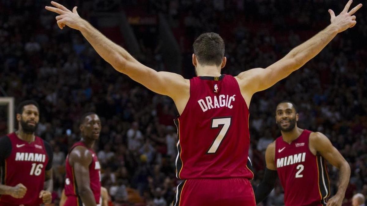 Miami Heat guard Goran Dragic reacts after scoring a three-point shot in the fourth quarter as the Heat host the Milwaukee Bucks at AmericanAirlines Arena on Sunday, Jan. 14, 2018.