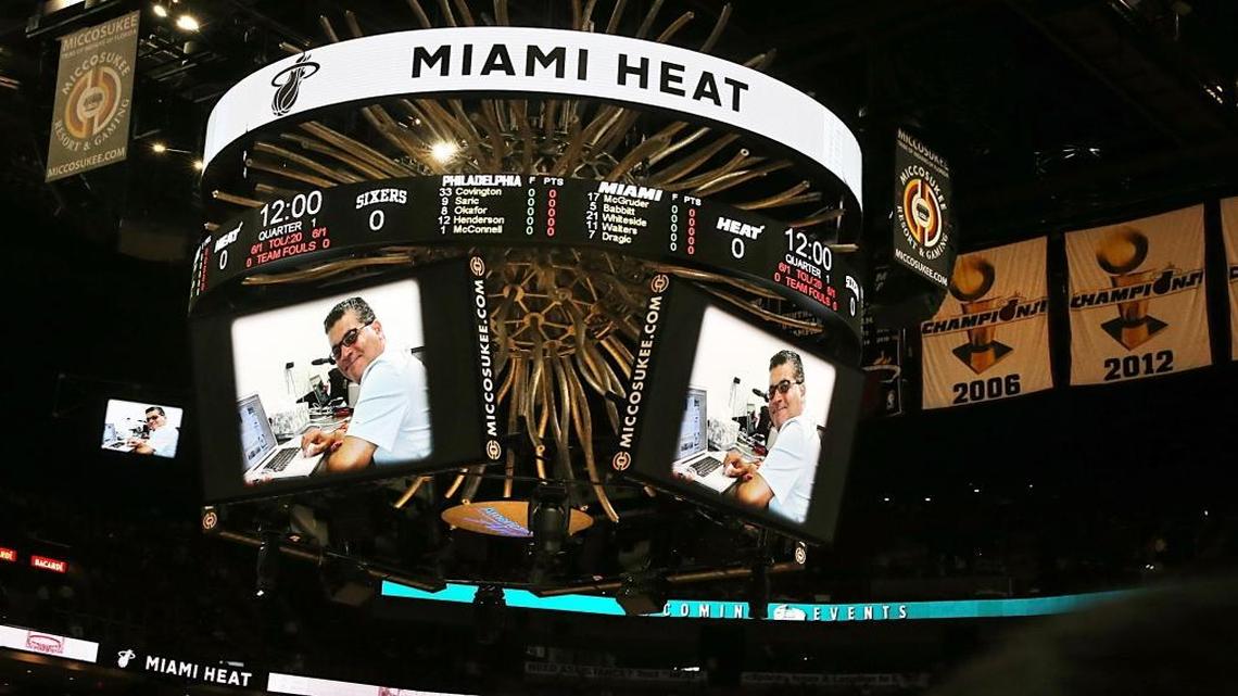 The Miami Heat paid tribute to veteran el Nuevo Herald photographer Hector Gabino before the Heat’s game against the Philadelphia 76ers at AmericanAirlines Arena in Miami on Wednesday, March 1, 2017. Gabino died Saturday at the age of 51 after a battle with cancer.