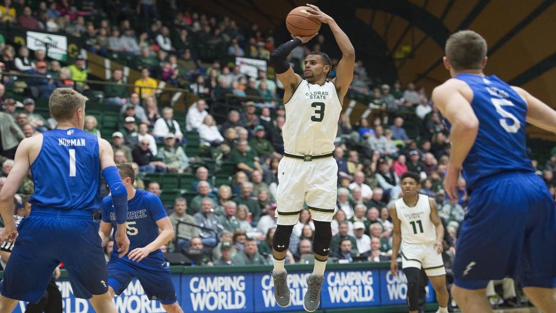 Colorado State guard Gian Clavell jumps high for an unopposed three point attempt during an NCAA college basketball game against Air Force Sat., Jan. 7, 2017, in Fort Collins, Colo.