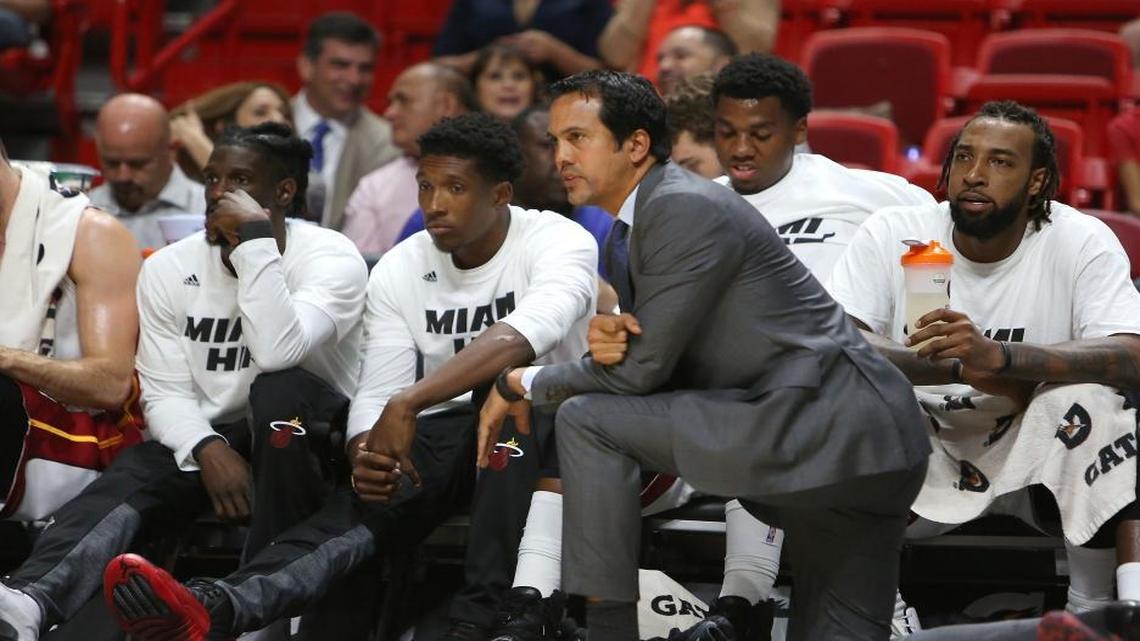 Miami Heat head coach Erik Spoelstra looks from the sidelines in the first quarter of an preseason NBA basketball game against the Brooklyn Nets at AmericanAirlines Arena in Miami on Oct. 11, 2016.