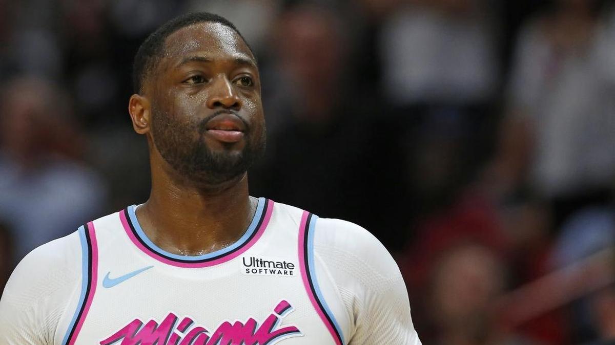 Miami Heat guard Dwyane Wade looks on during the first quarter of the NBA basketball against the Milwaukee Bucks at the AmericanAirlines Arena in Miami on Friday, Feb. 9, 2018.