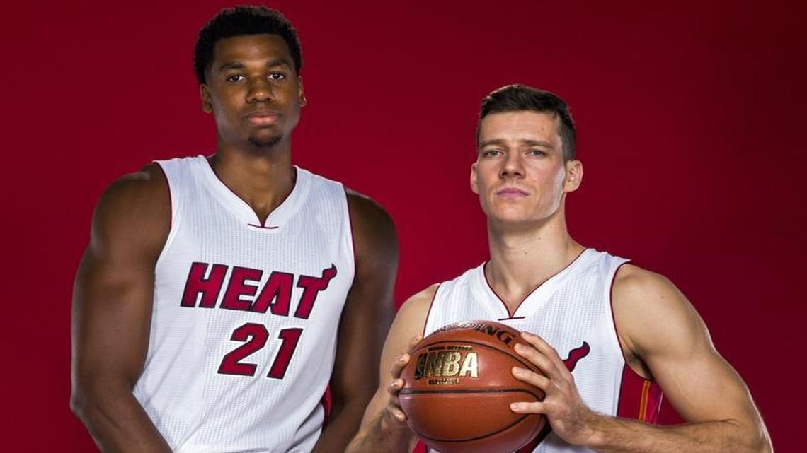 Miami Heat center Hassan Whiteside and guard Goran Dragic pose during Heat Media Day on Tuesday, September 27, 2016.
