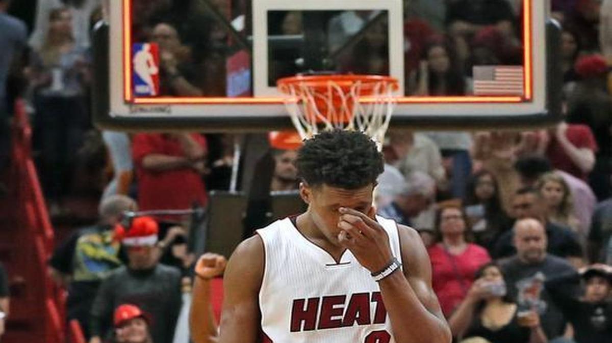 Miami Heat Josh Richardson is disappointed after attempting a three-pointer in the final seconds of the game as the Denver Nuggets defeat the Heat at the AmericanAirlines Arena, Miami, Florida, April 2, 2017.