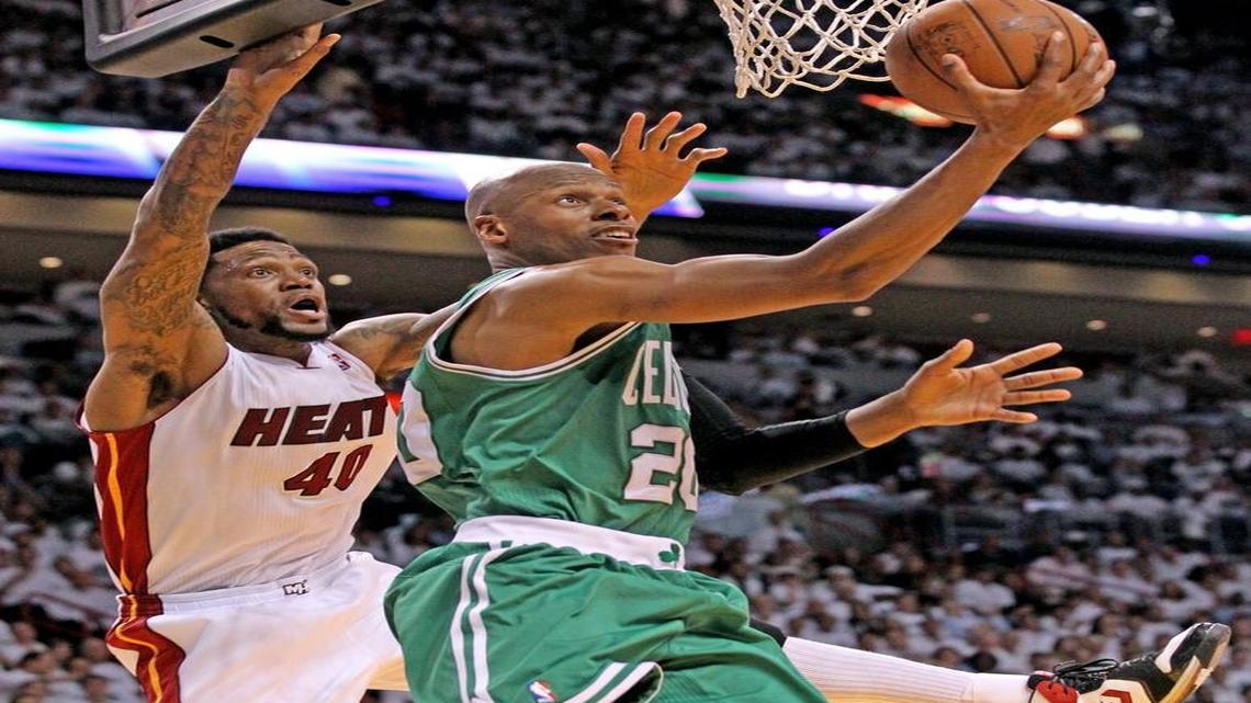 The Celtics Ray Allen shoots around the Heat's Udonis Haslem in the third quarter. Game 5 of the NBA Eastern Conference Finals between the Miami Heat and the Boston Celtics at the AmericanAirlines Arena on Tuesday, June 5, 2012.