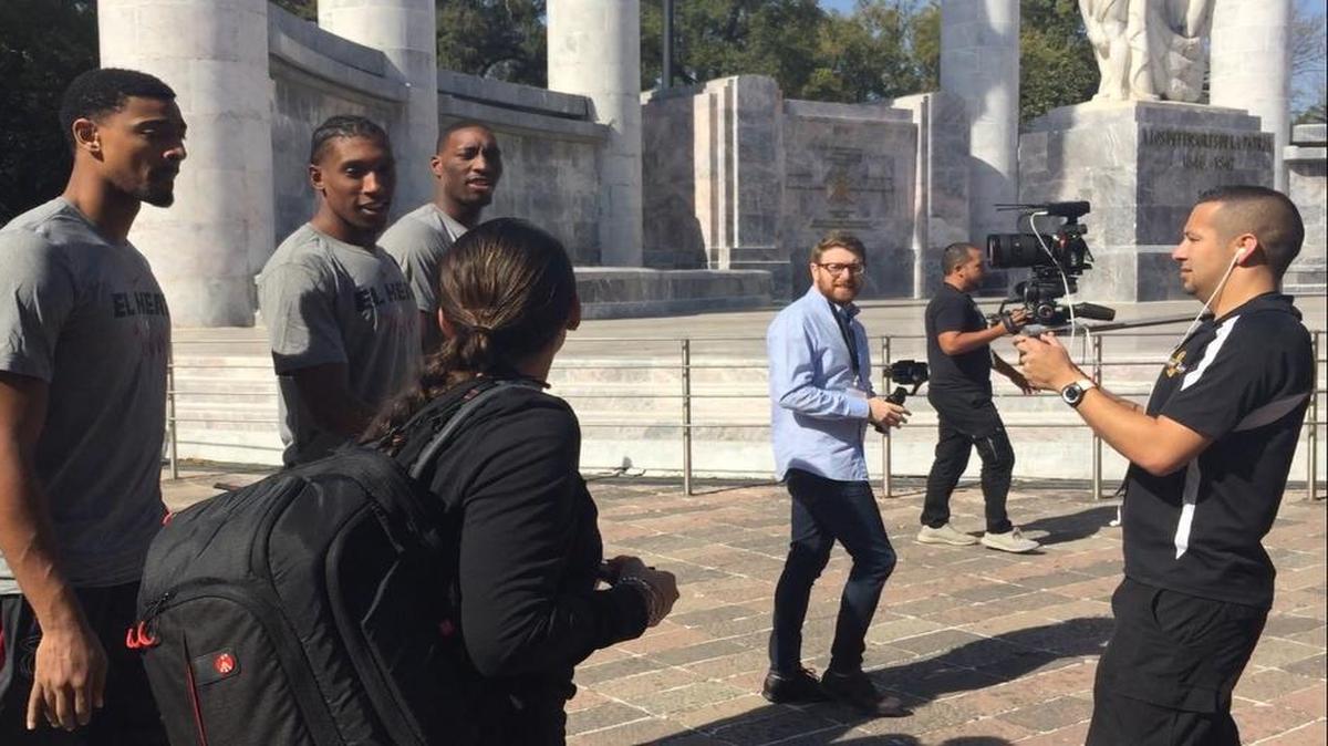 Heat players Jordan Mickey, left, Josh Richardson, middle, and rookie Bam Adebayo take a tour of a park in Mexico City before going to practice on Friday, Dec. 8, 2017.