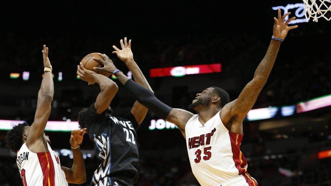 Miami Heat forward Willie Reed (35) blocks a shot by Minnesota Timberwolves forward Andrew Wiggins (22) in the third quarter as the Miami Heat host the Minnesota Timberwolves at the American Airlines Arena on Fri., March 17, 2017.