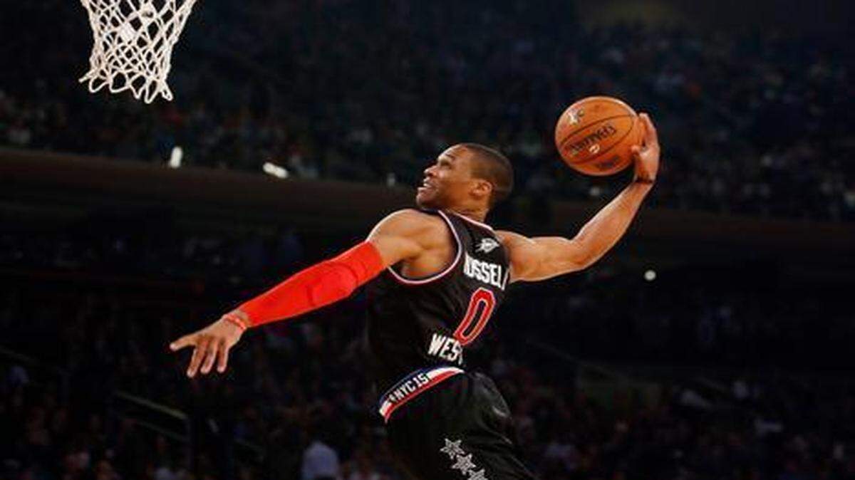 
The West’s Russell Westbrook of the Thunder soars for a dunk on his way to 27 points in the first half at Madison Square Garden. Westbrook led all scorers with 41 points and was named MVP.

