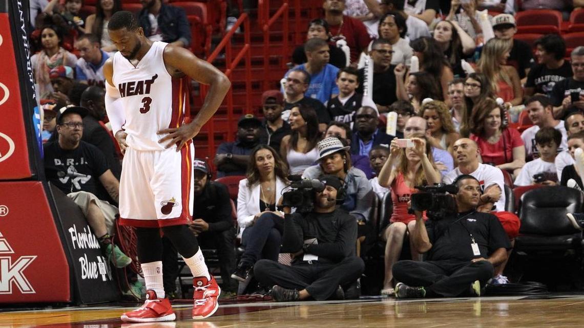 
Dwyane Wade reacts in the fourth quarter of the Miami Heat’s game against the Orlando Magic at AmericanAirlines Arena on Monday, April 13, 2015.
